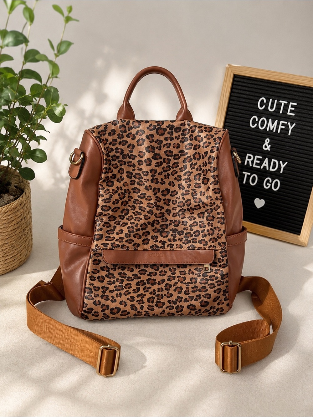 Leopard Print Faux Leather Backpack with Brown Trim